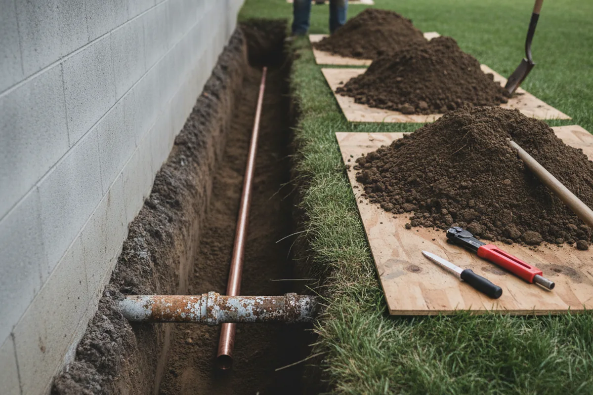 Excavated water line trench during Sewer Line Repair in Pittsville